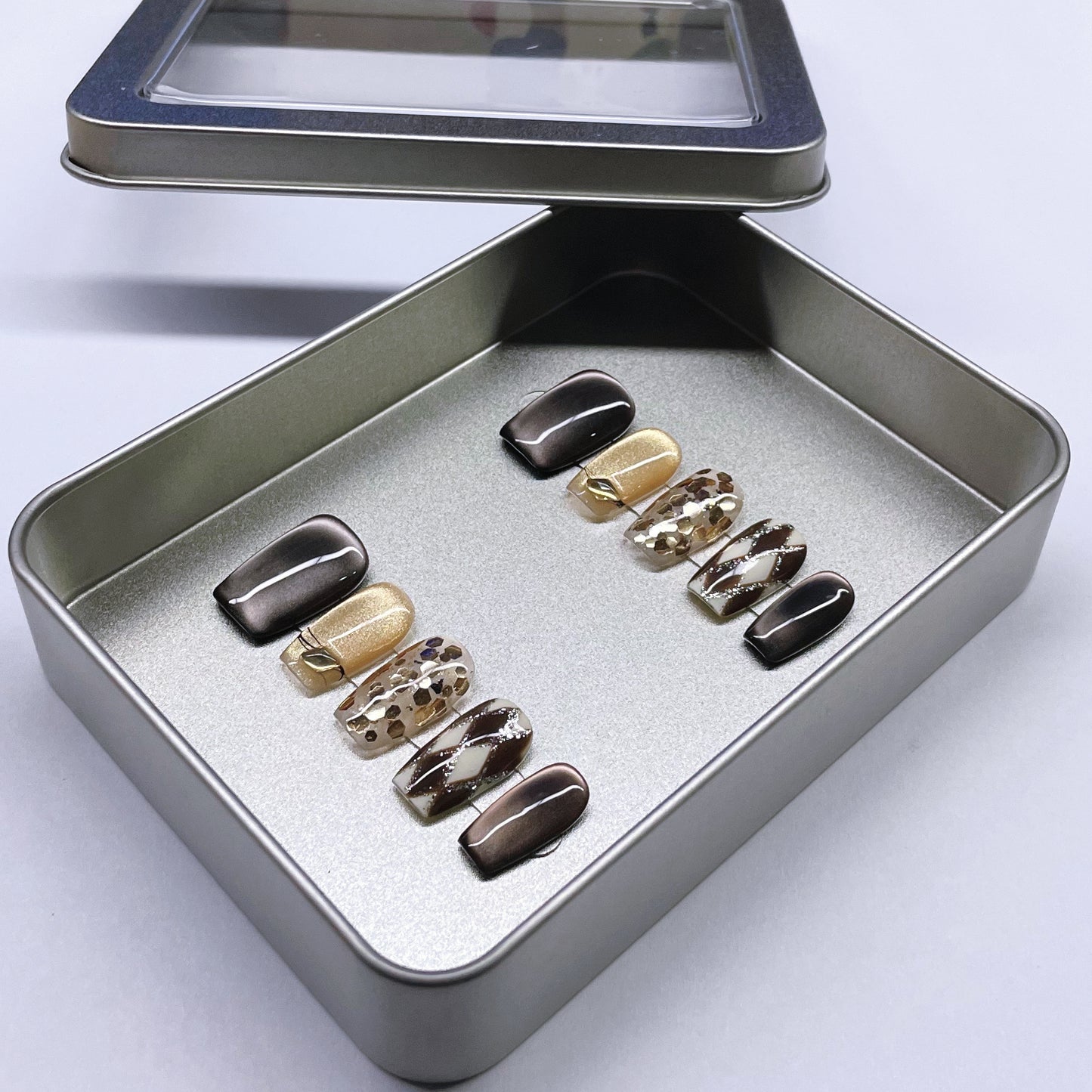 (M) Brown - Gold with Glitter and Intricate Patterns handmade Press on Nails