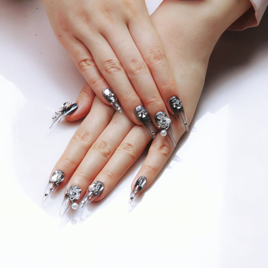 Gothic Glamour Stiletto Hand - made Press on Nails with Embellishments