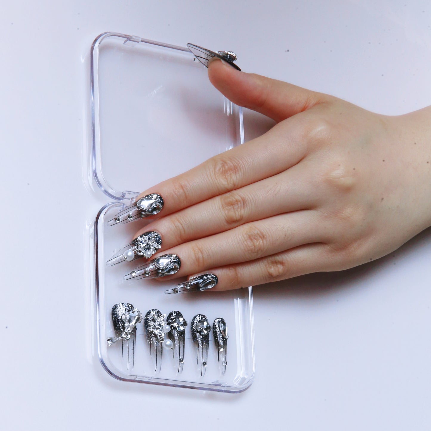 Gothic Glamour Stiletto Hand - made Press on Nails with Embellishments