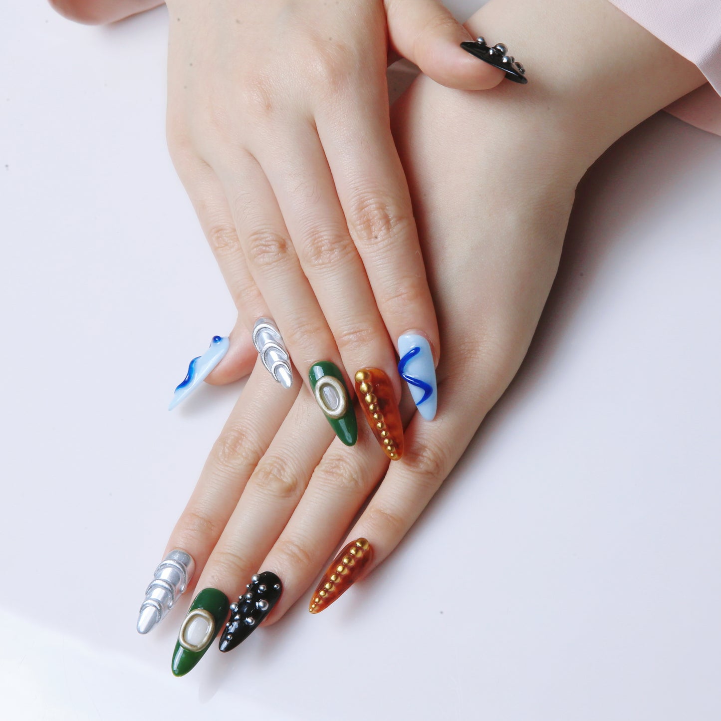 Multicolor Swirl & Embellished Handmade Press on Nails