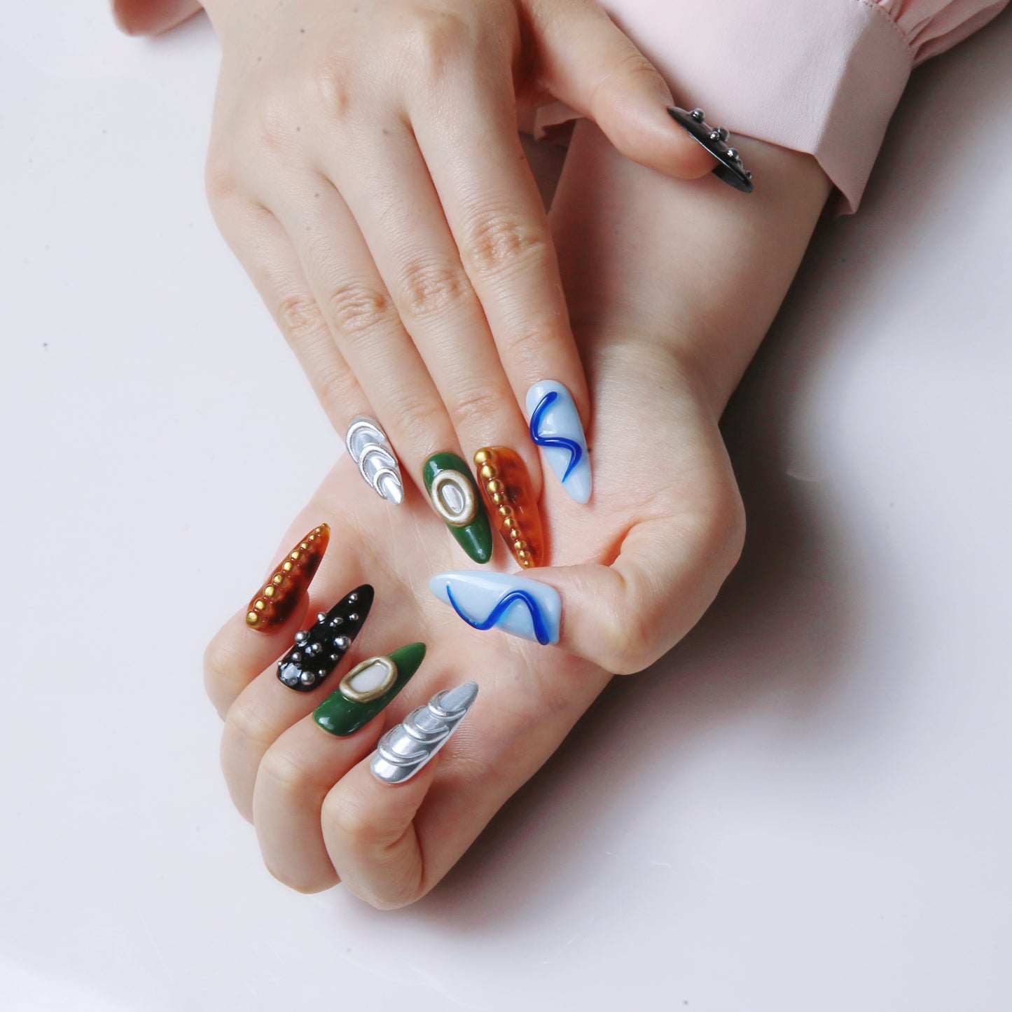 Multicolor Swirl & Embellished Handmade Press on Nails