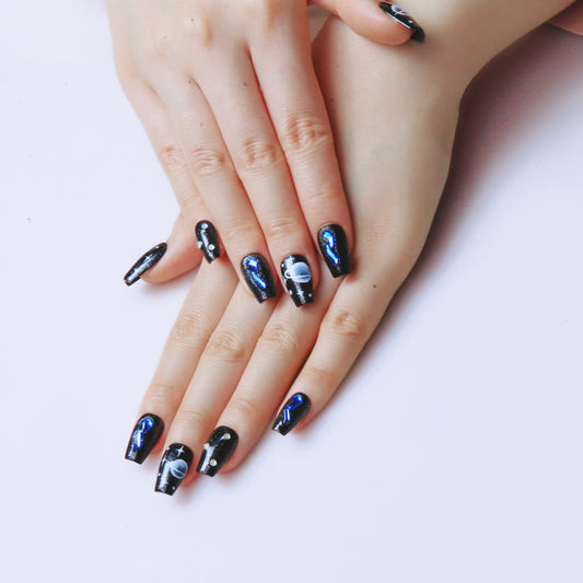 Galaxy Patterned Black Handmade Press on Nails