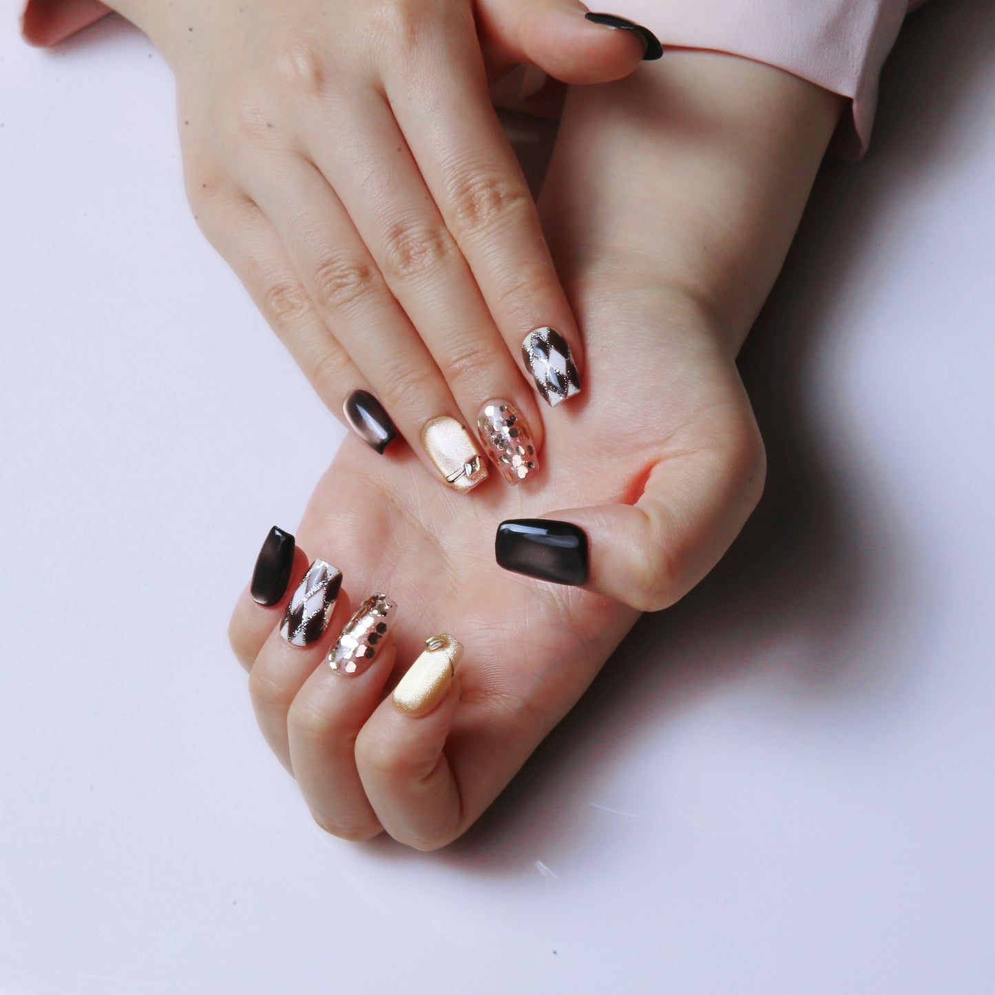 (M) Brown - Gold with Glitter and Intricate Patterns handmade Press on Nails