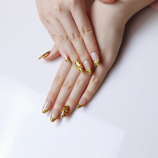 (M) Nude & Golden Cheetah, Hand - made Press on Nails