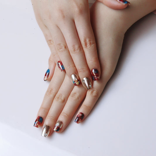 (M) Marbled with Gold and Colorful Hues handmade Press on Nails