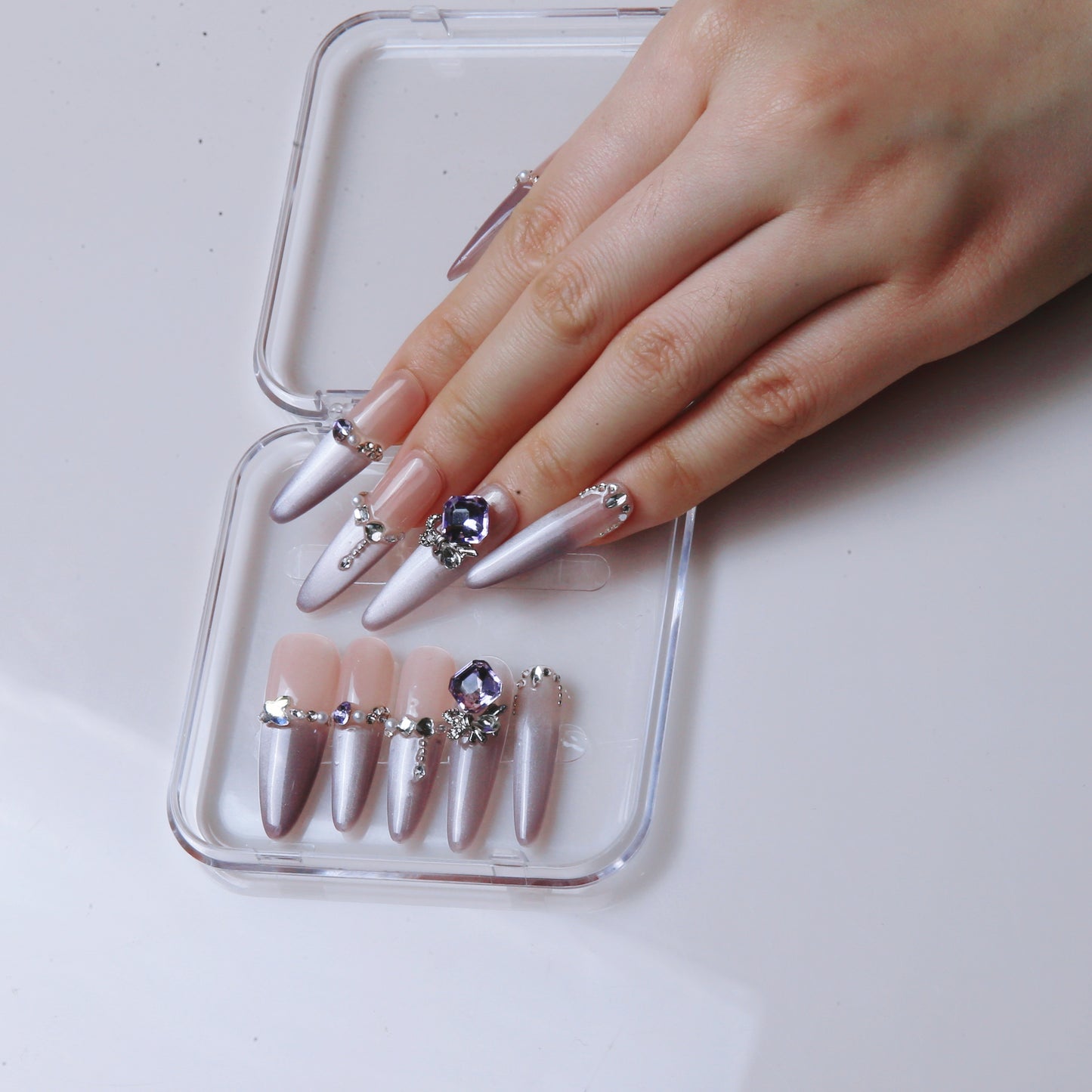 (M) Nude - Purple Ombre with Gem Embellishments handmade Press on Nails