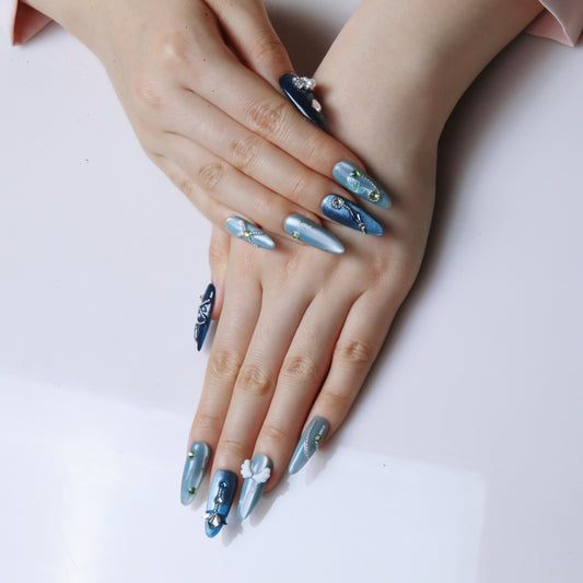 Blue-Green Glitter Embellished Handmade Press on Nails