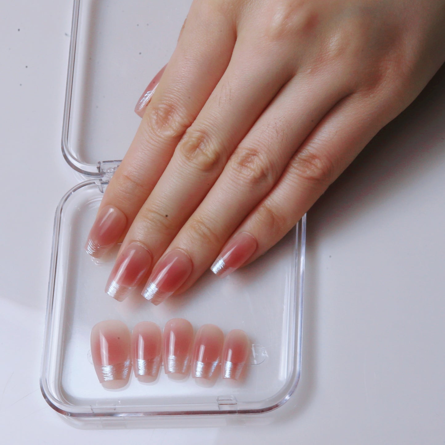 (M) Hand made Light Pink with Silver - trimmed French Style Press on Nails