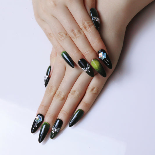 (M) Green - Black Ombre Handmade Press On Nails with Exquisite Patterns