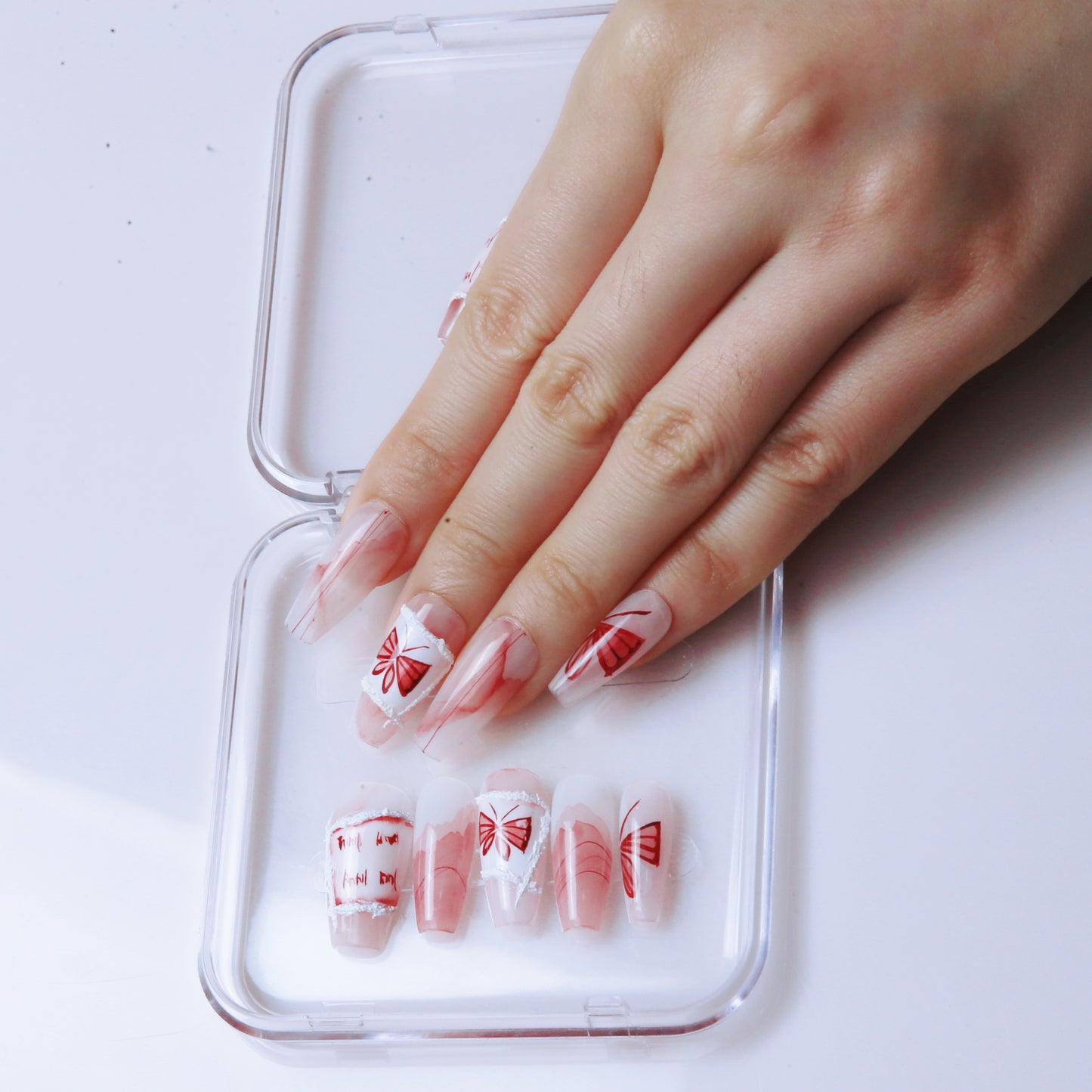 (M) Translucent with Red Floral Patterns handmade Press on Nails