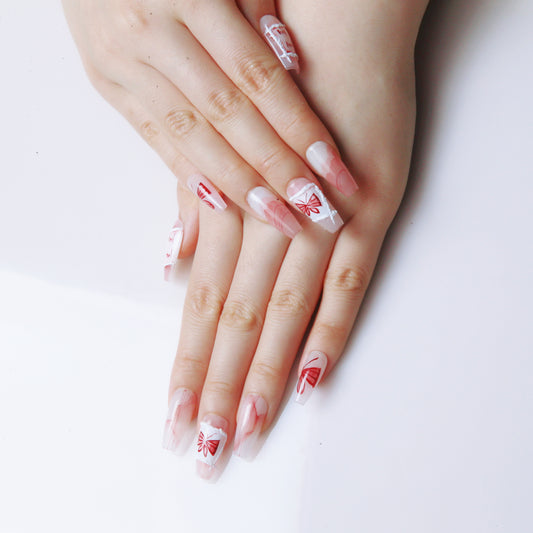 (M) Translucent with Red Floral Patterns handmade Press on Nails