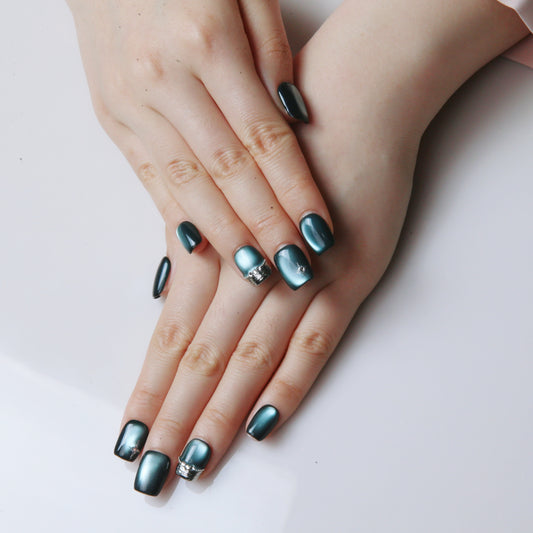(M) Dark - teal Ombre Handmade Press on Nails with Exquisite Patterns