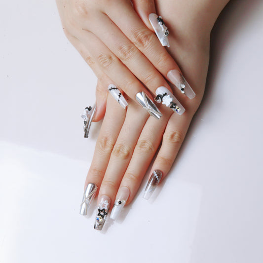 (M) Silver - White with Ghost and Star Embellishments handmade Press on Nails