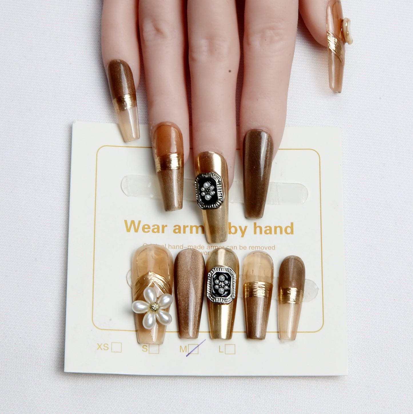 Brown - Gold with Pearl and Metal Embellishments handmade Press on Nails