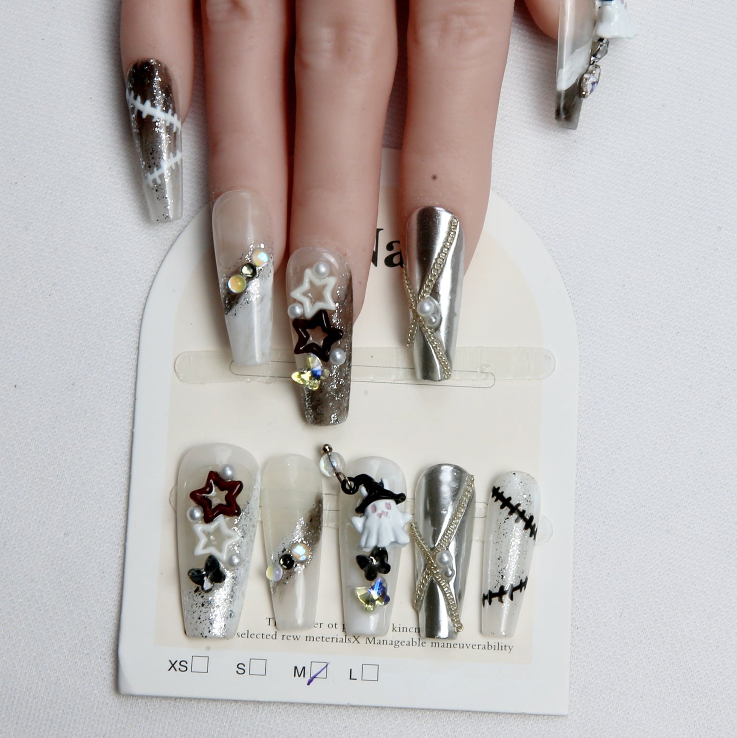 Silver - White with Ghost and Star Embellishments handmade Press on Nails