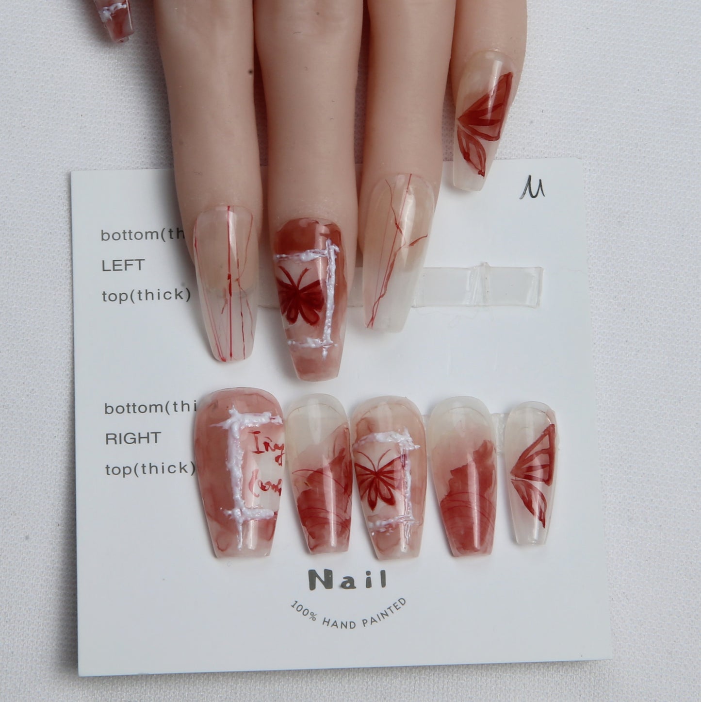 Translucent with Red Floral Patterns handmade Press on Nails