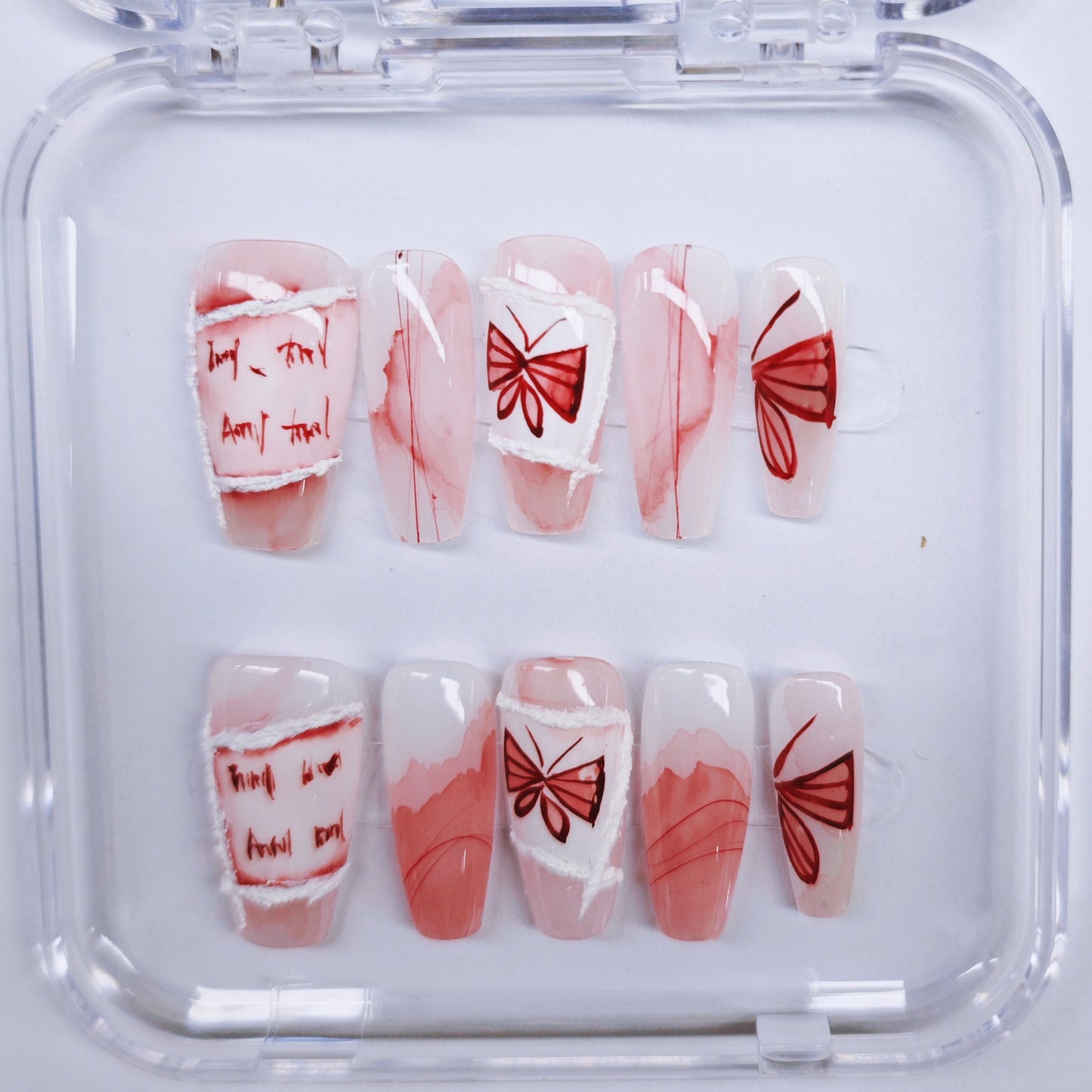 Translucent with Red Floral Patterns handmade Press on Nails