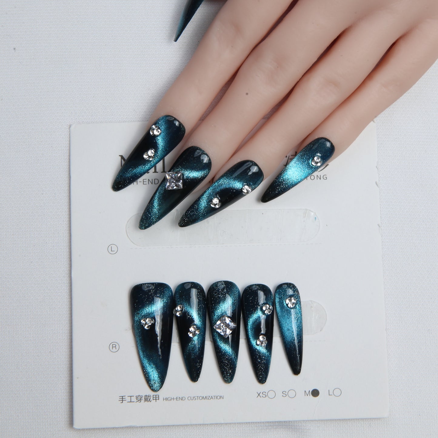 Teal - Black with Shimmery Swirl Patterns and Diamonds handmade Press on Nails