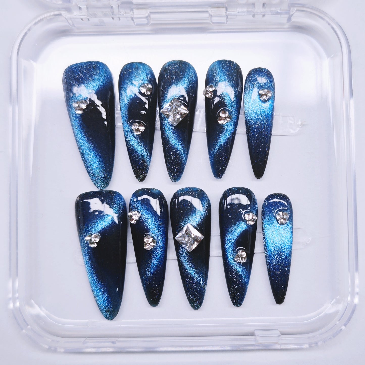 Teal - Black with Shimmery Swirl Patterns and Diamonds handmade Press on Nails