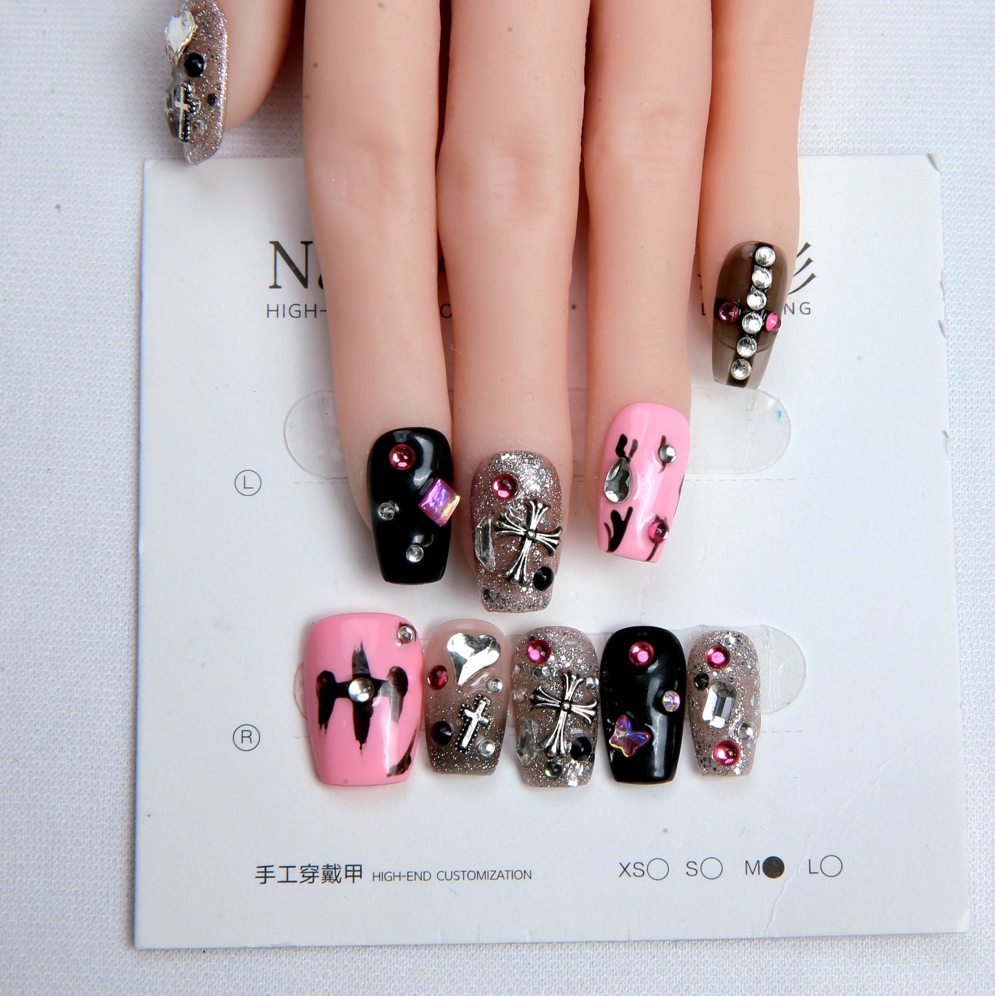 Pink & Black with Patterned Design hand made Press on Nails