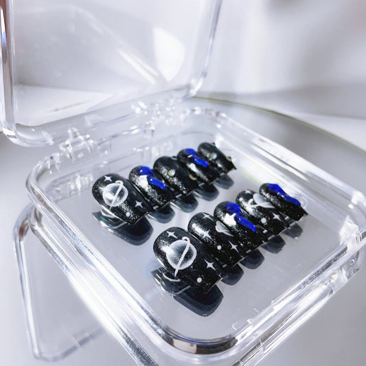 Galaxy Patterned Black Handmade Press on Nails