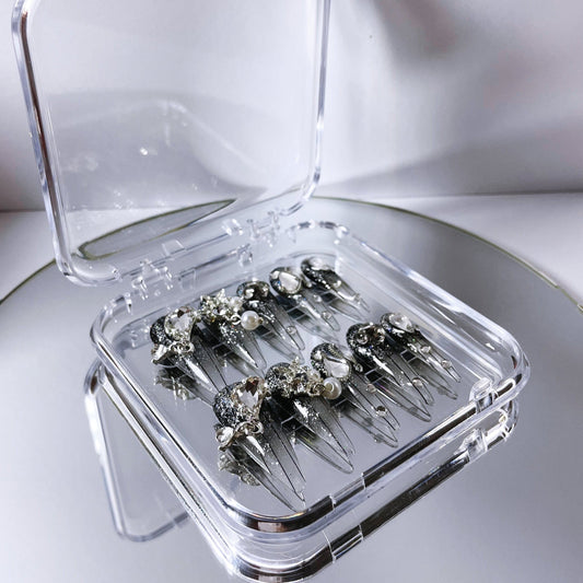 Gothic Glamour Stiletto Hand - made Press on Nails with Embellishments