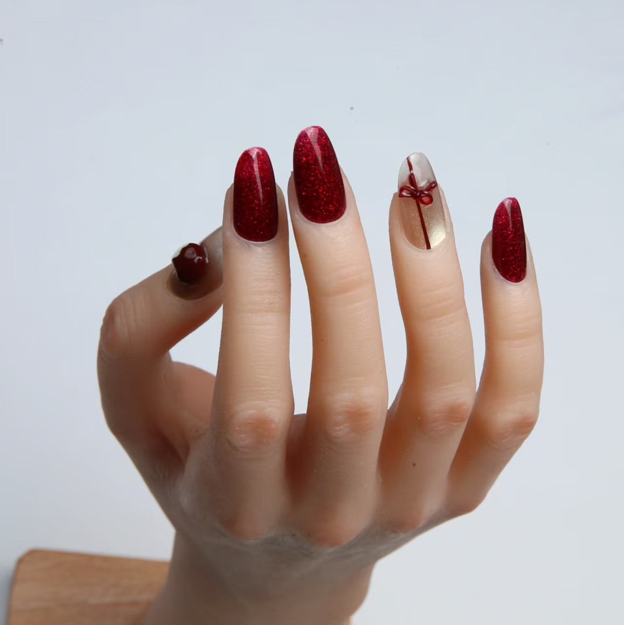 Crimson - hued Handmade Press - on Nails with Delicate Patterns