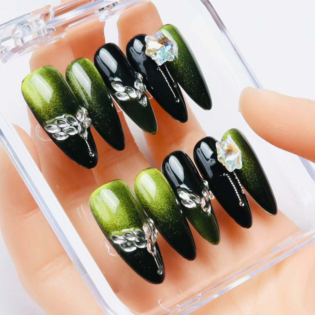 Green - Black Ombre Handmade Press  On Nails with Exquisite Patterns