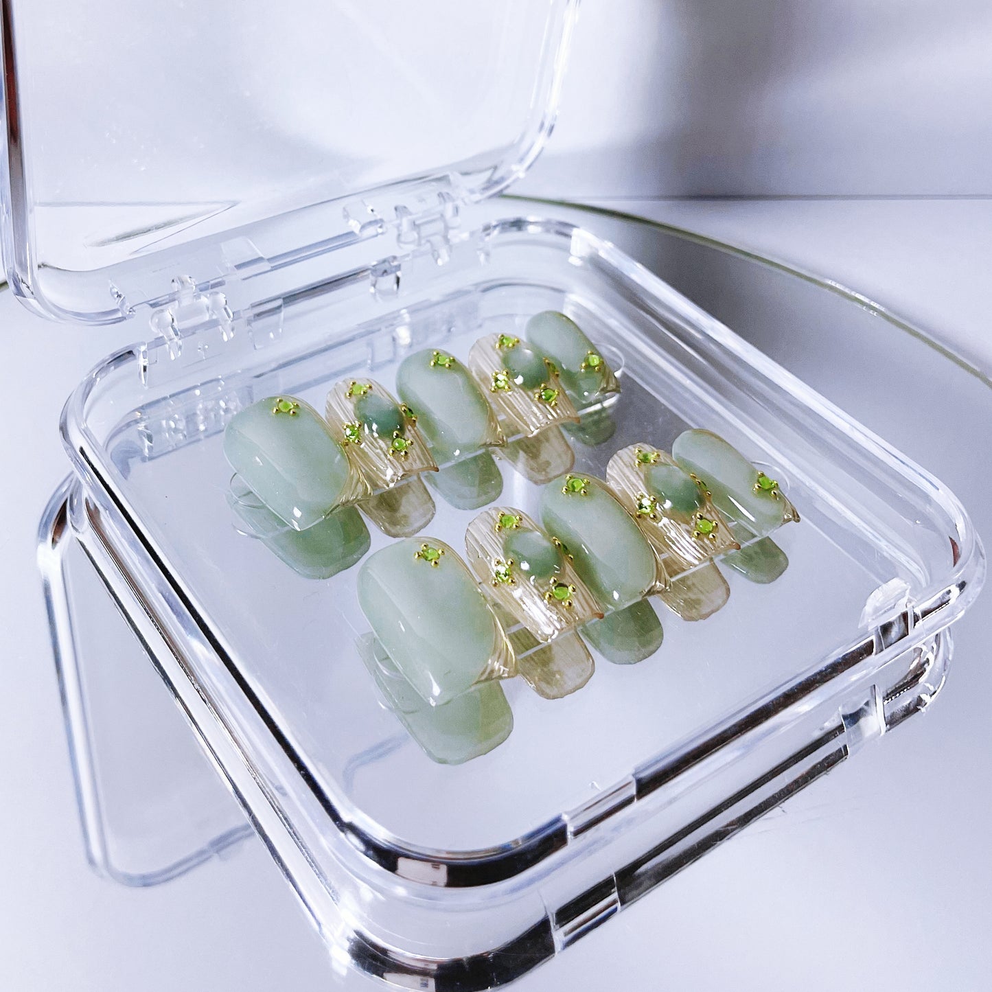 (M) Mint - green Marbled Hand - made Press  on Nails