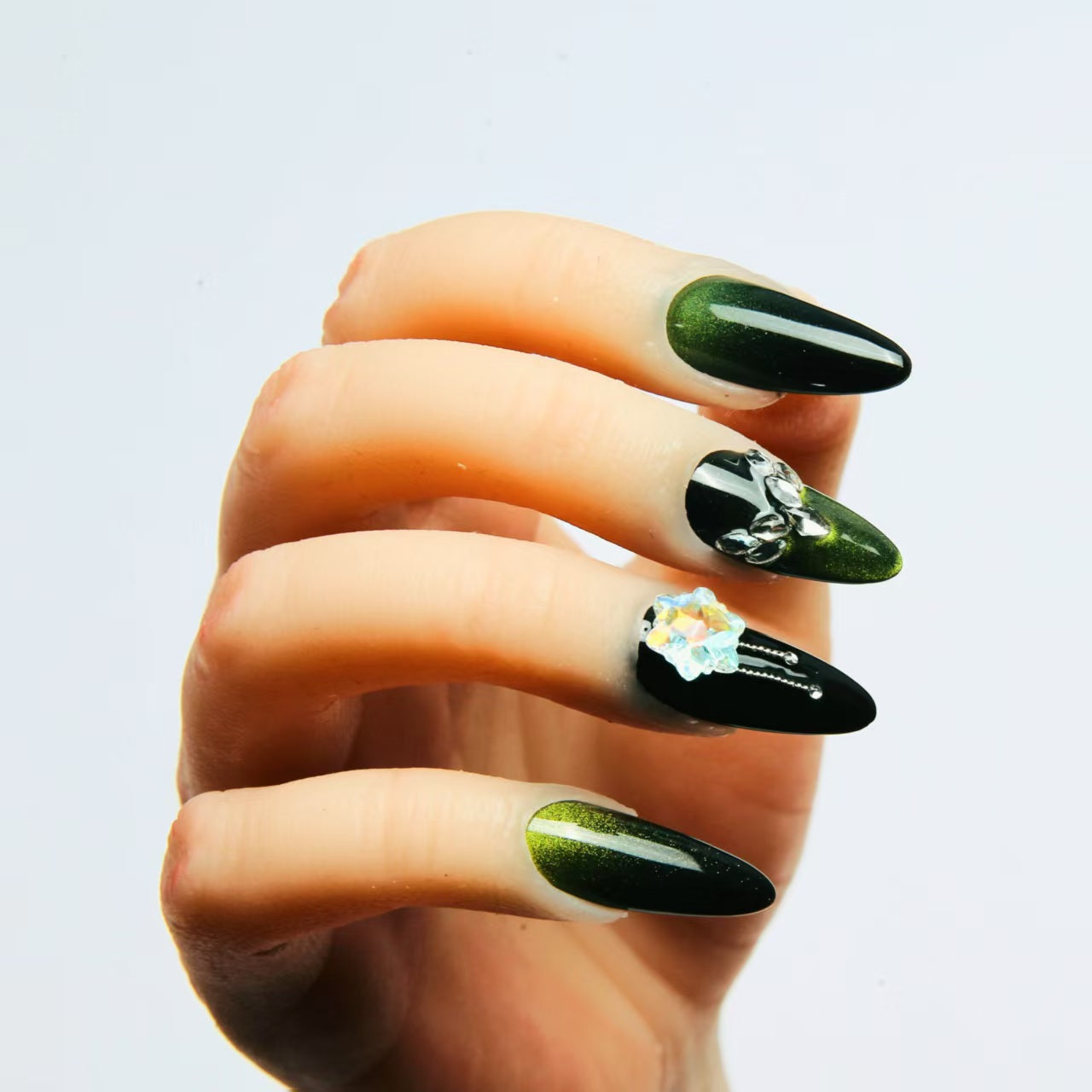 Green - Black Ombre Handmade Press  On Nails with Exquisite Patterns