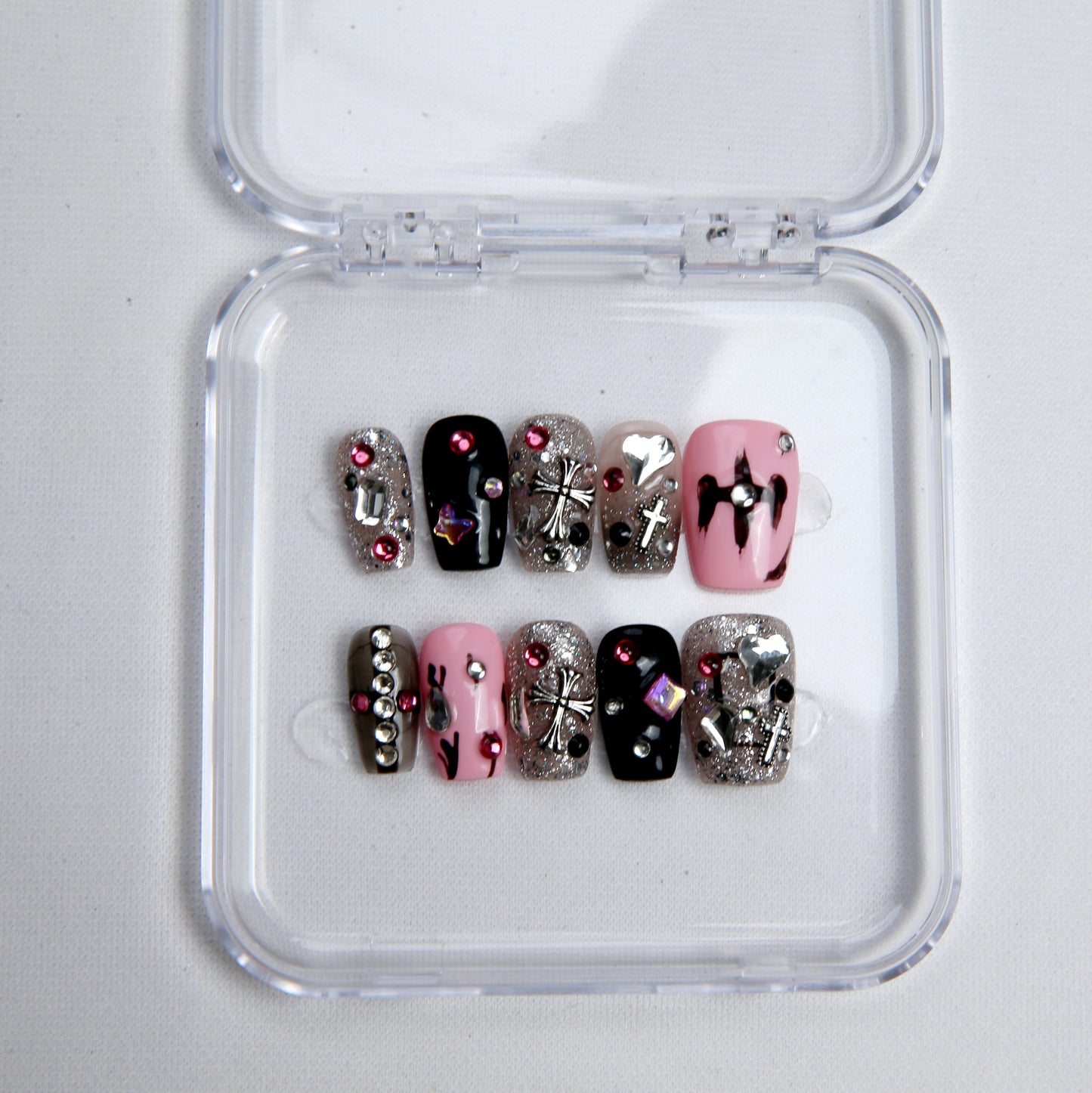 Pink & Black with Patterned Design hand made Press on Nails