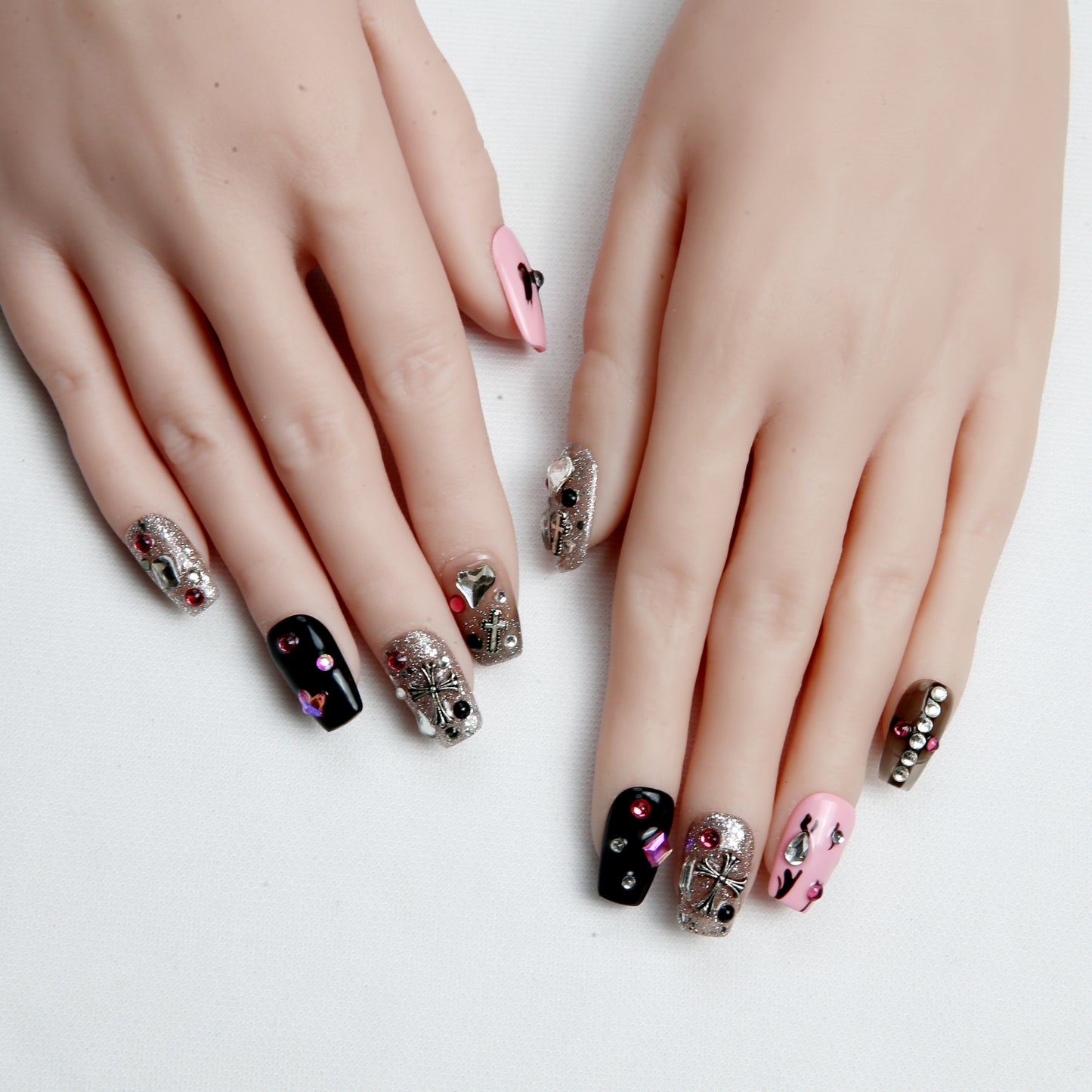 Pink & Black with Patterned Design hand made Press on Nails