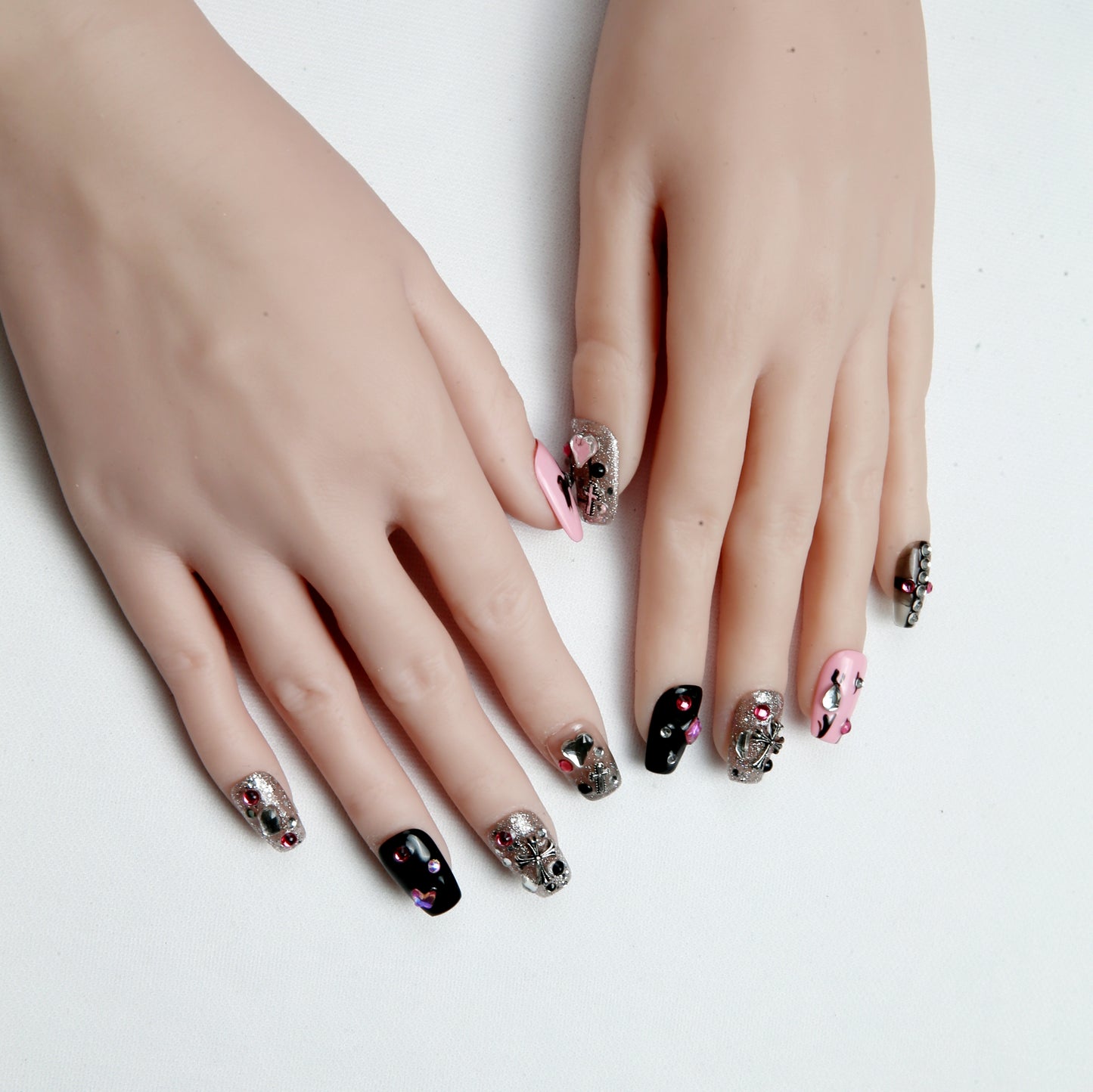 Pink & Black with Patterned Design hand made Press on Nails