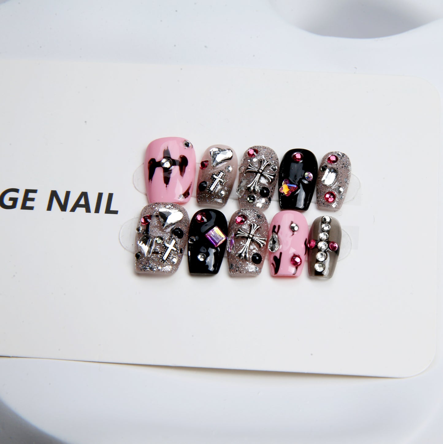 Pink & Black with Patterned Design hand made Press on Nails