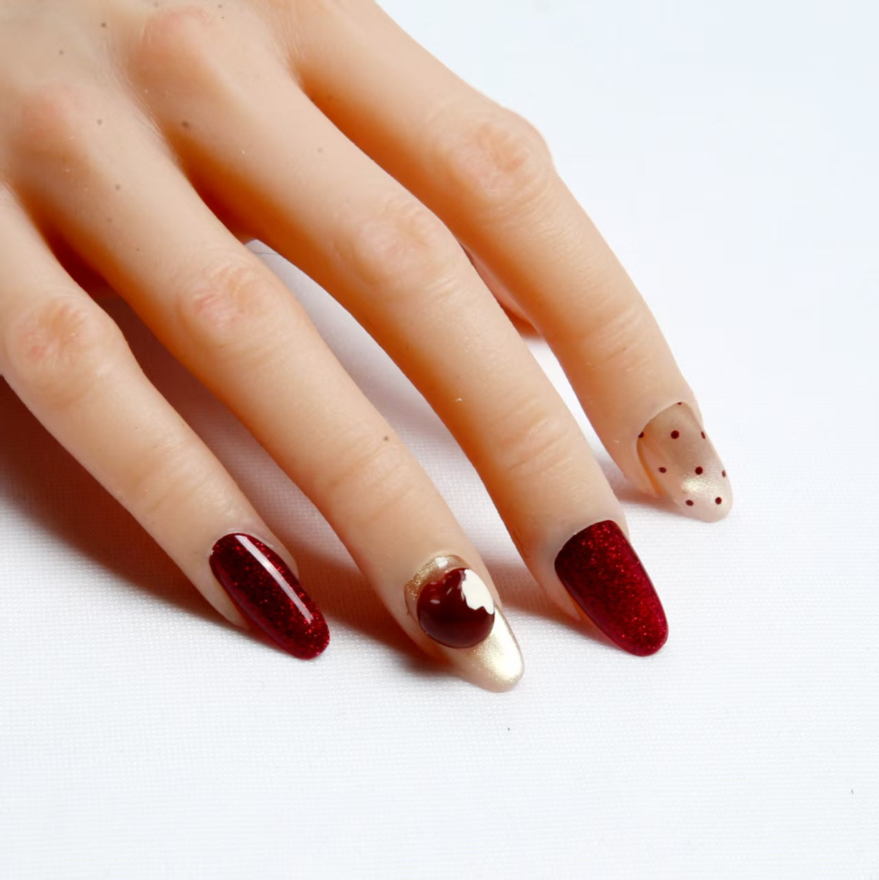 Crimson - hued Handmade Press - on Nails with Delicate Patterns