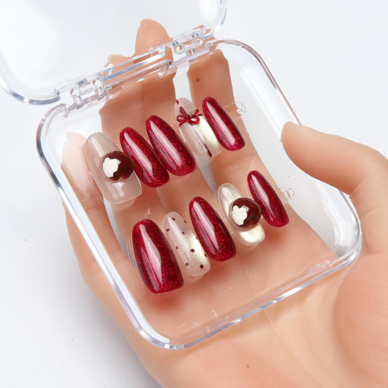 Crimson - hued Handmade Press - on Nails with Delicate Patterns