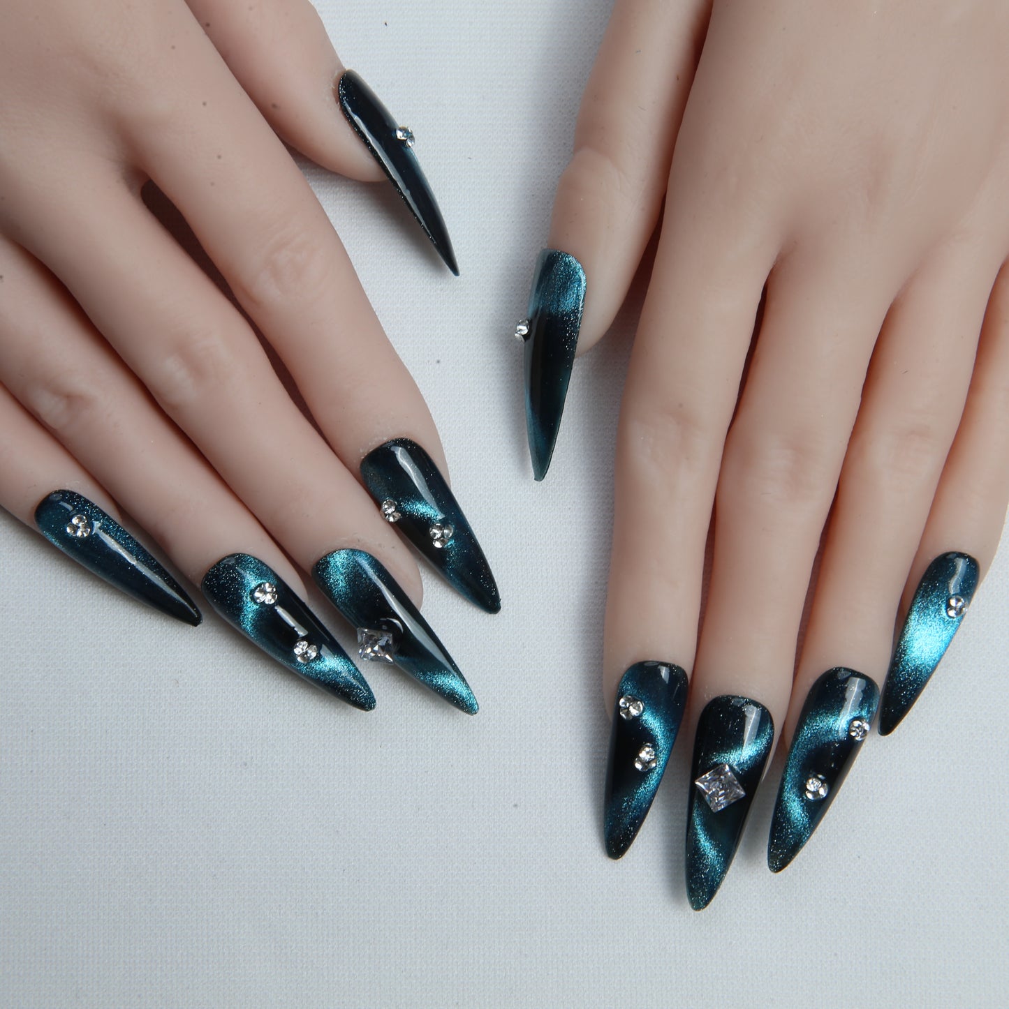 Teal - Black with Shimmery Swirl Patterns and Diamonds handmade Press on Nails