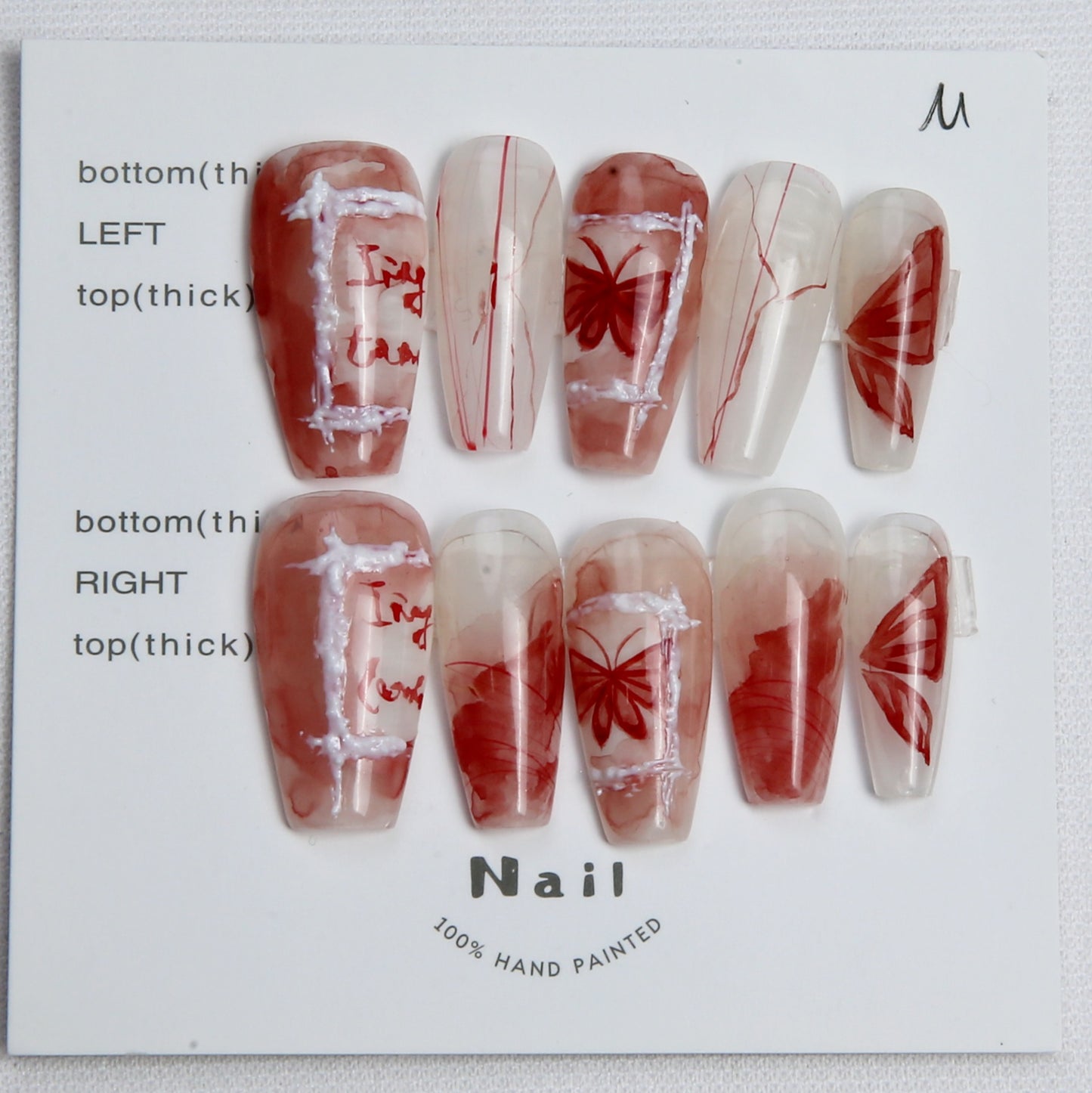 Translucent with Red Floral Patterns handmade Press on Nails