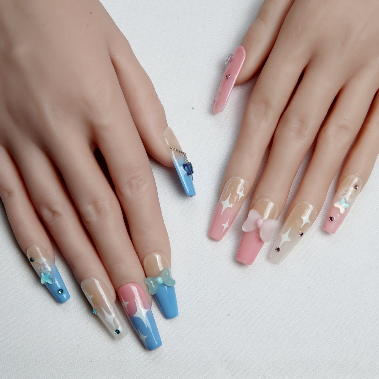 Pink - Blue with Star Patterns and Charms handmade Press on Nails