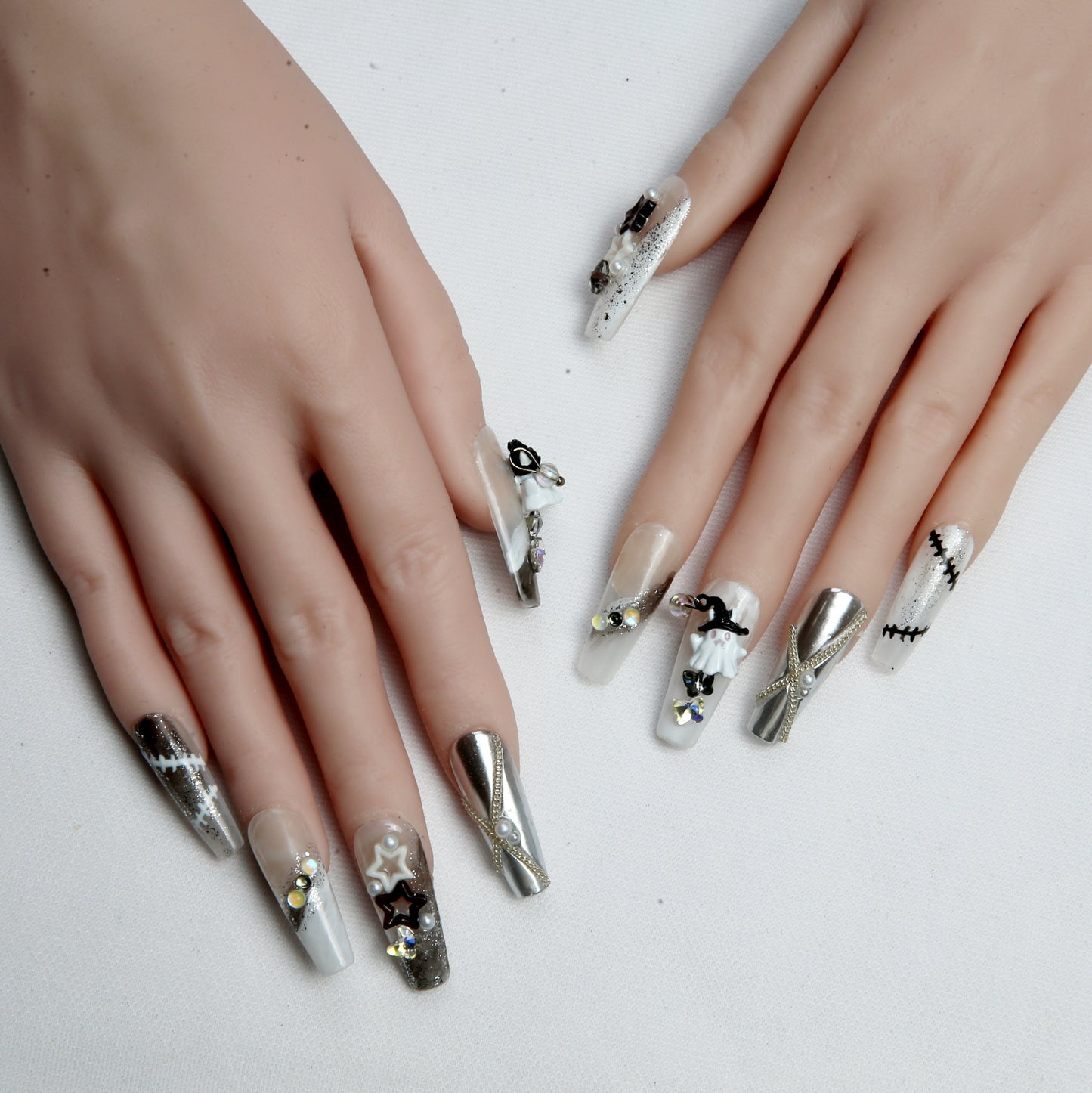 Silver - White with Ghost and Star Embellishments handmade Press on Nails