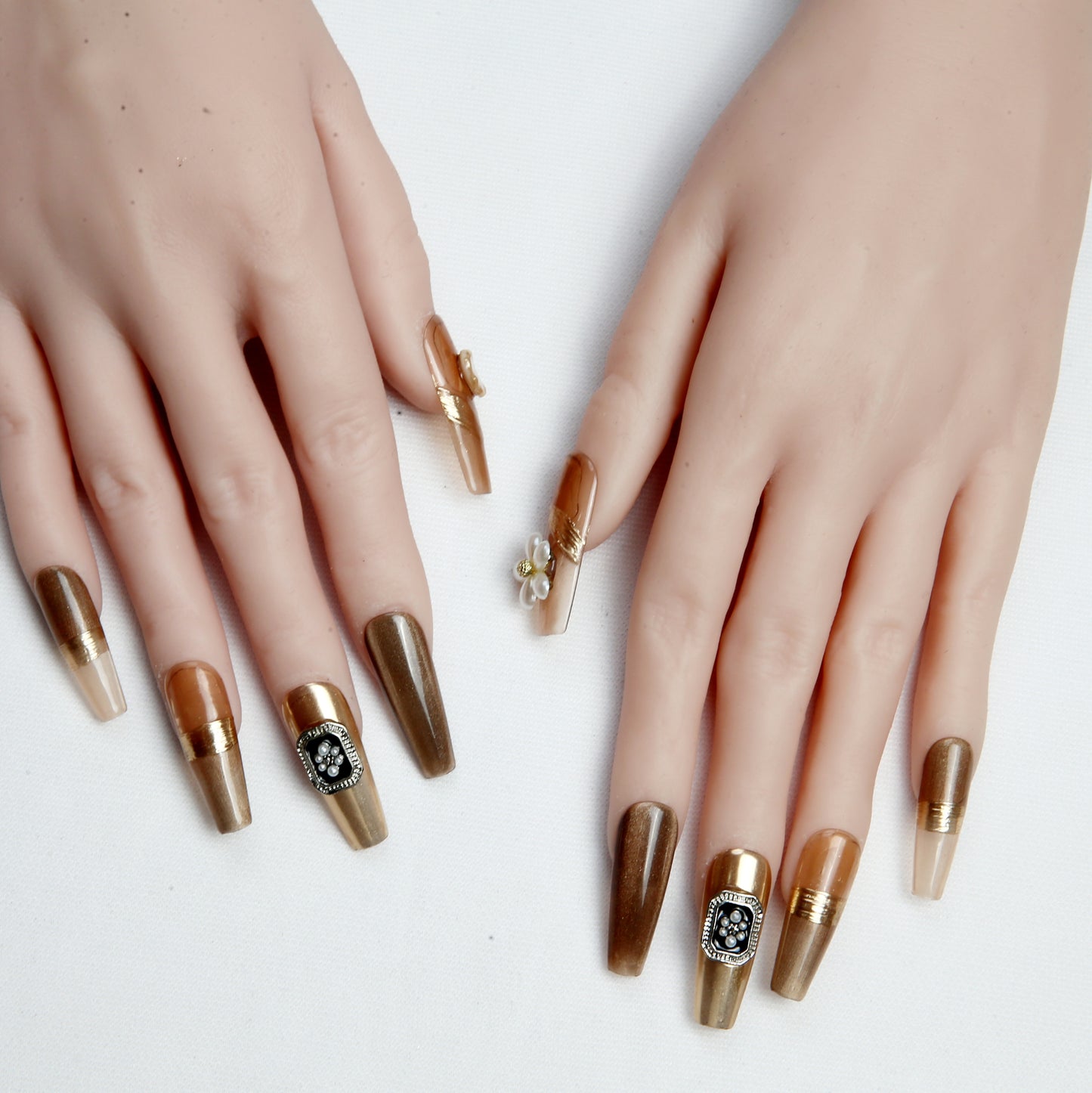 Brown - Gold with Pearl and Metal Embellishments handmade Press on Nails