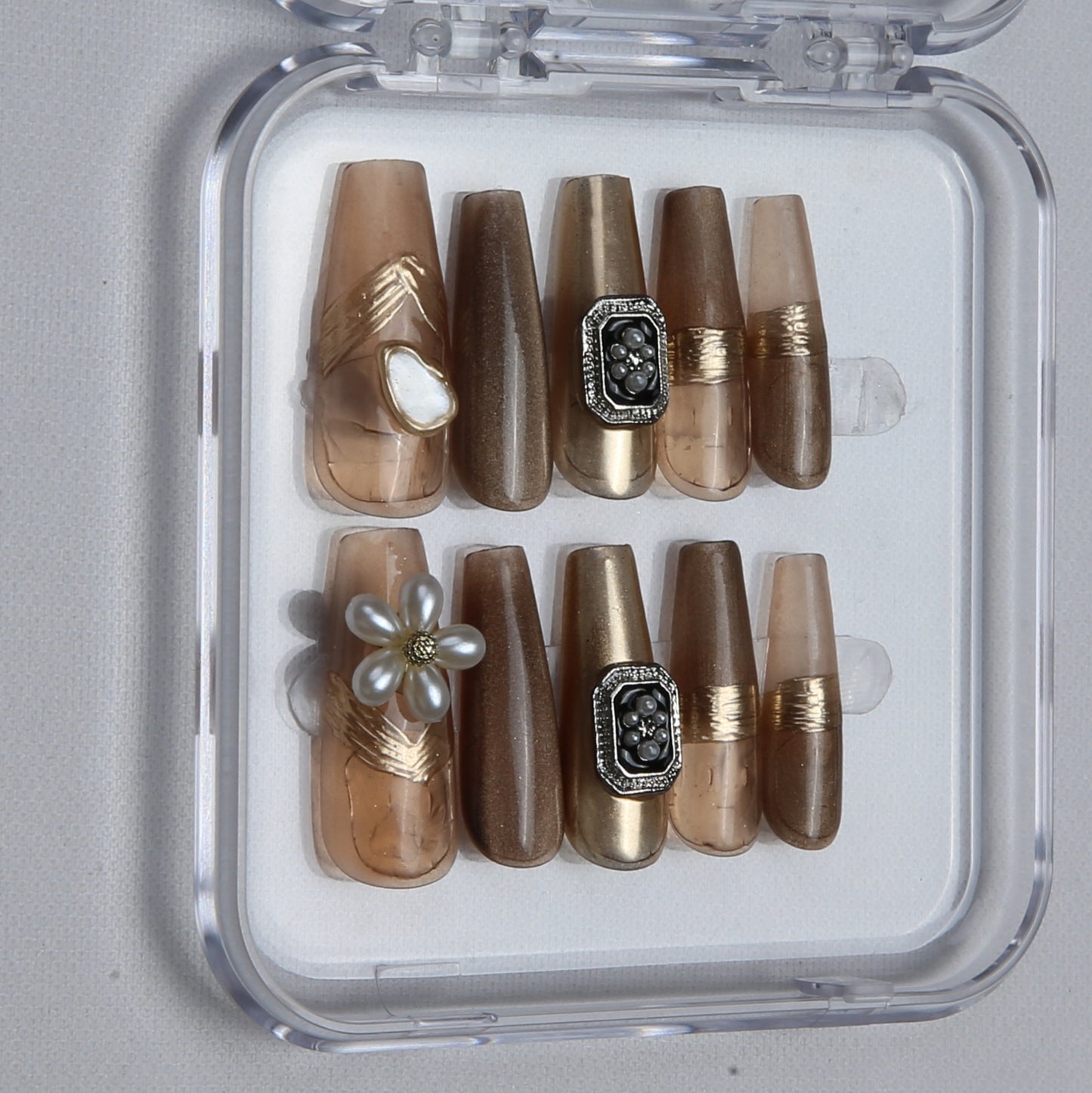 Brown - Gold with Pearl and Metal Embellishments handmade Press on Nails