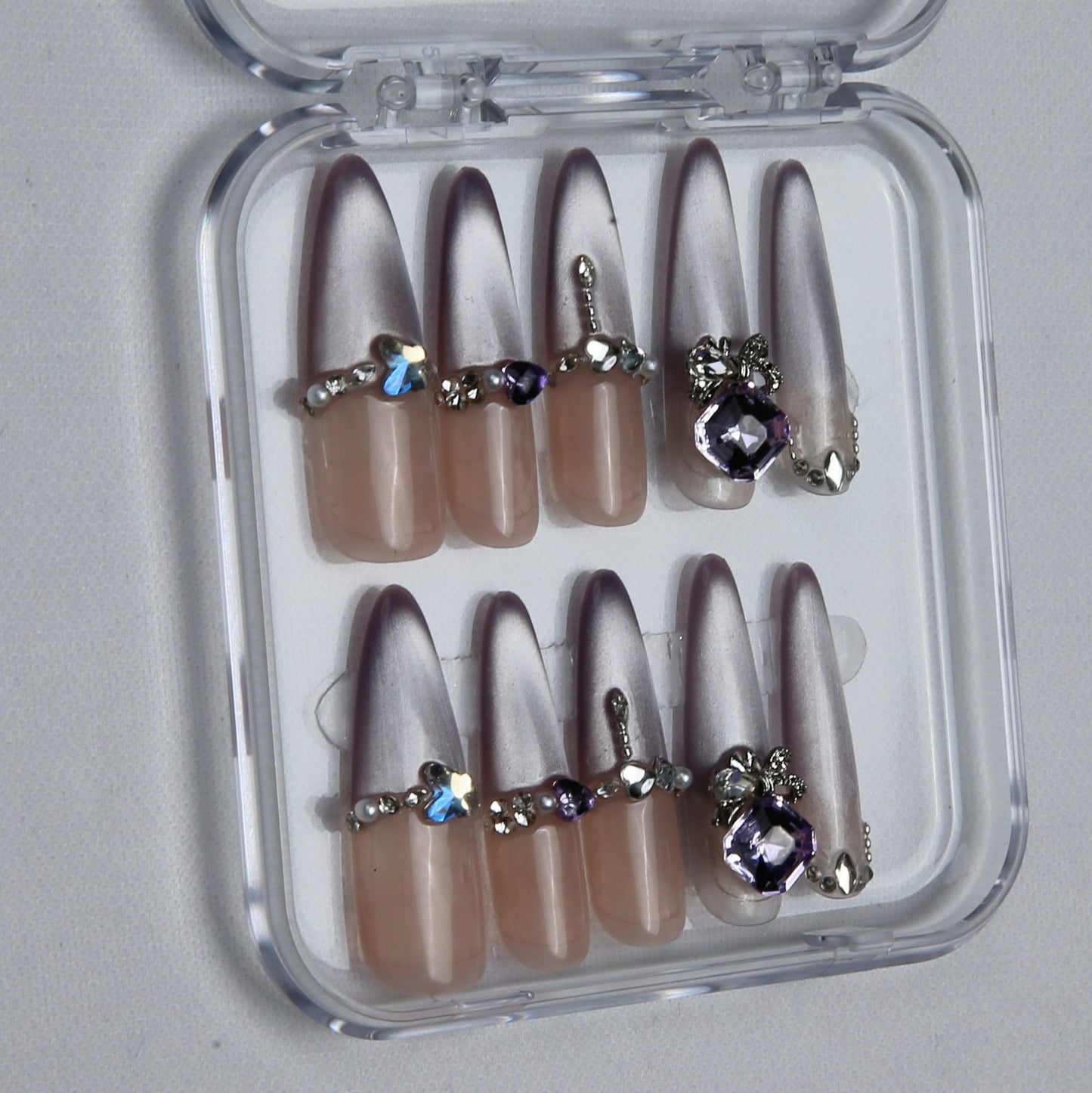 Nude - Purple Ombre with Gem Embellishments handmade Press on Nails