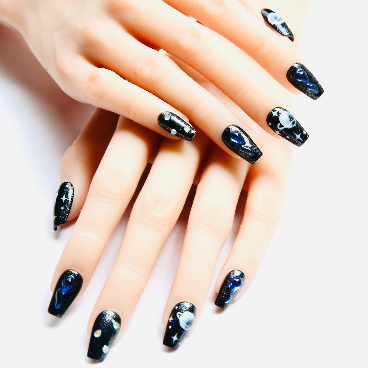 (L) Handmade Galaxy Patterned Black Press on Nails