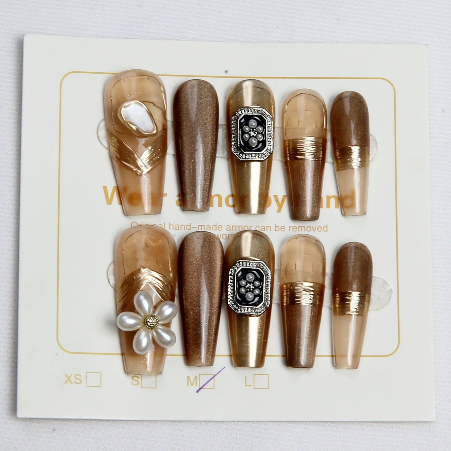 Brown - Gold with Pearl and Metal Embellishments handmade Press on Nails