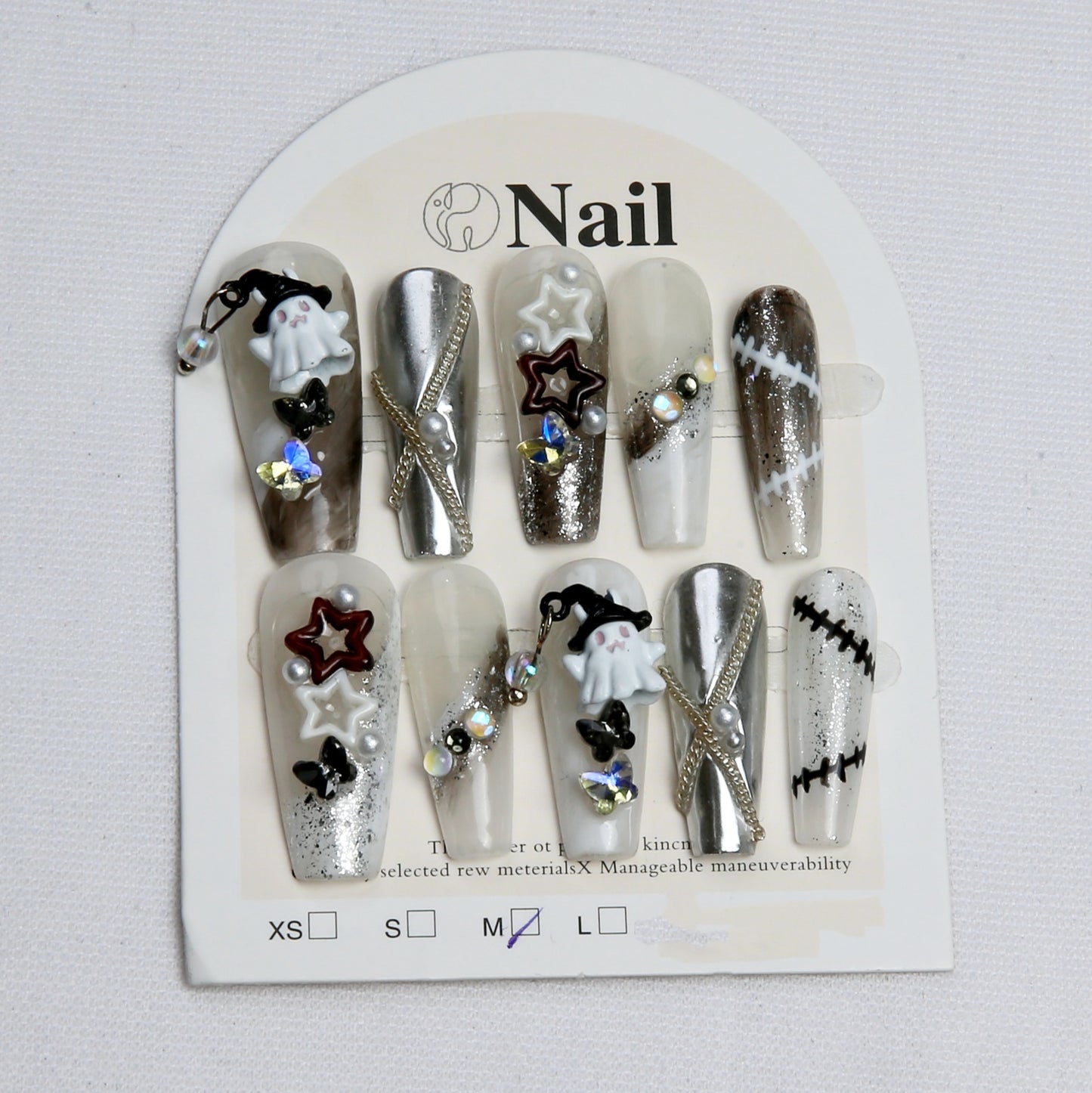 Silver - White with Ghost and Star Embellishments handmade Press on Nails