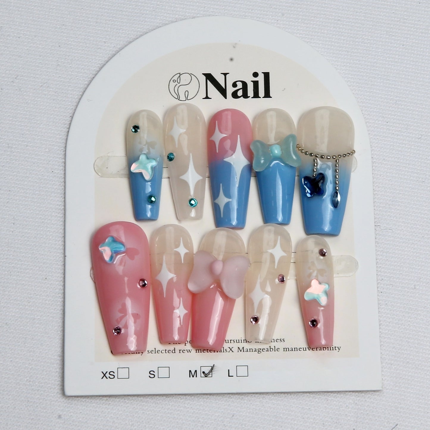 Pink - Blue with Star Patterns and Charms handmade Press on Nails