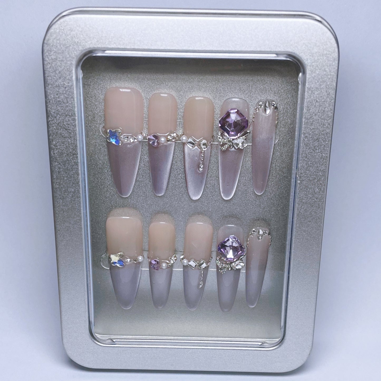 (M) Nude - Purple Ombre with Gem Embellishments handmade Press on Nails