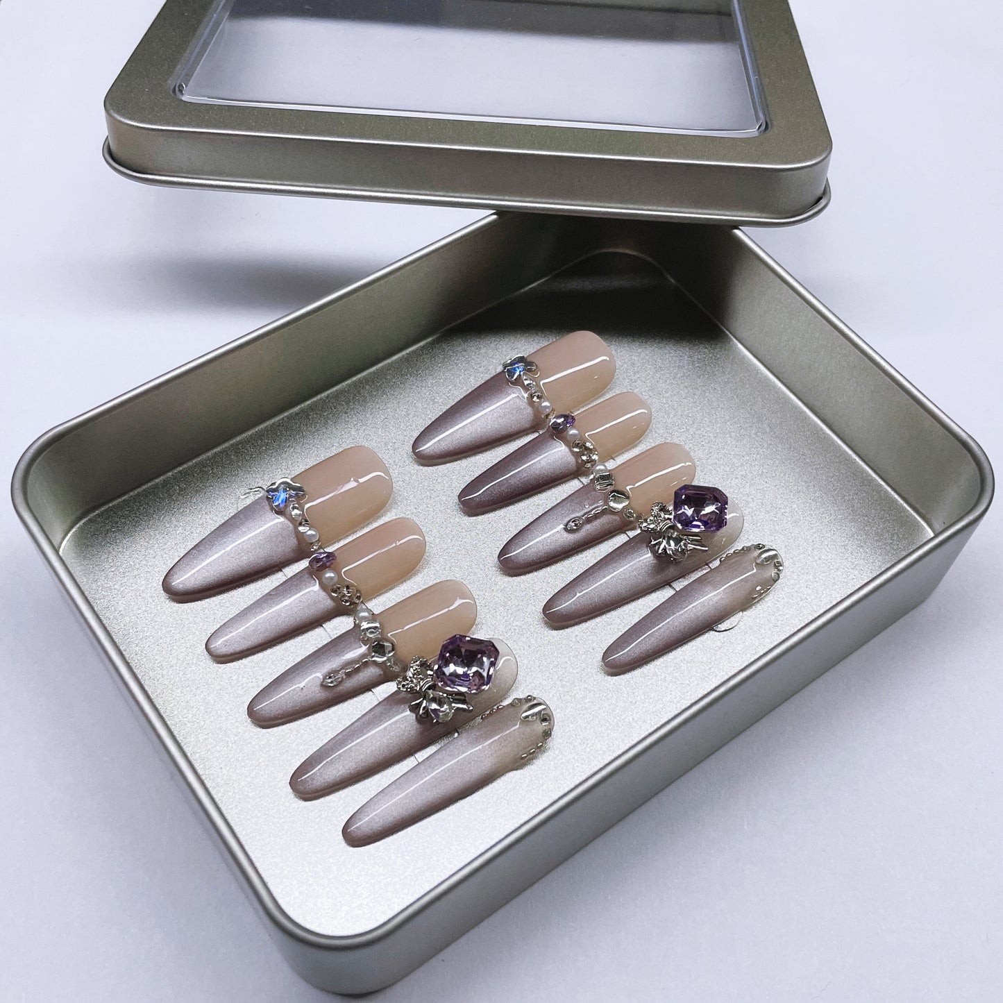 (M) Nude - Purple Ombre with Gem Embellishments handmade Press on Nails