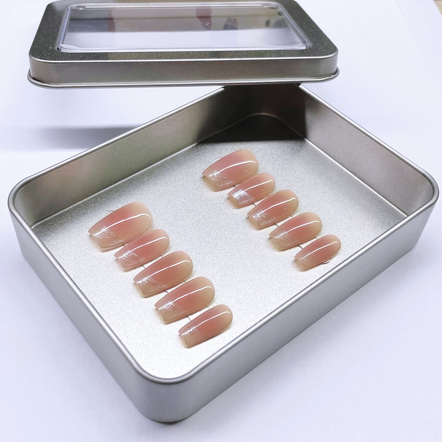 (M) Hand made Light Pink with Silver - trimmed French Style Press on Nails